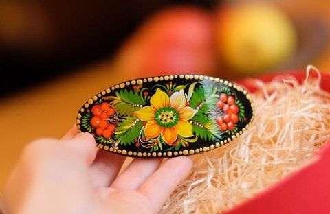 Дерев'яна заколка для волосся із соняшниками 18249917 фото